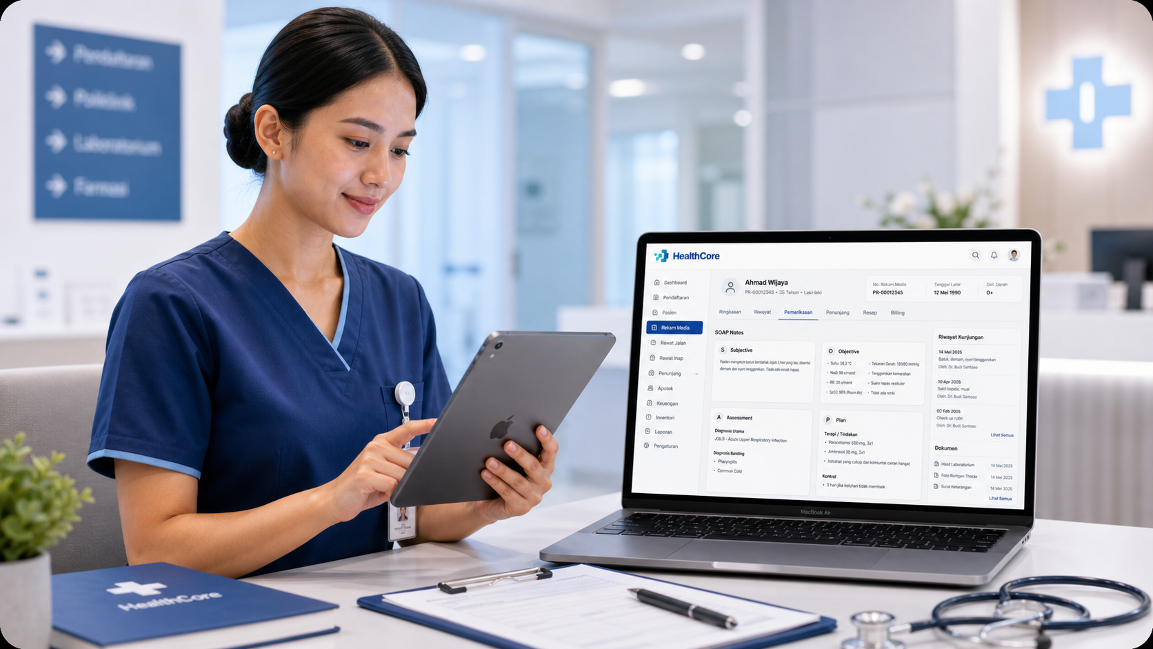 Visual workflow klinis HealthCore untuk dokter dan perawat