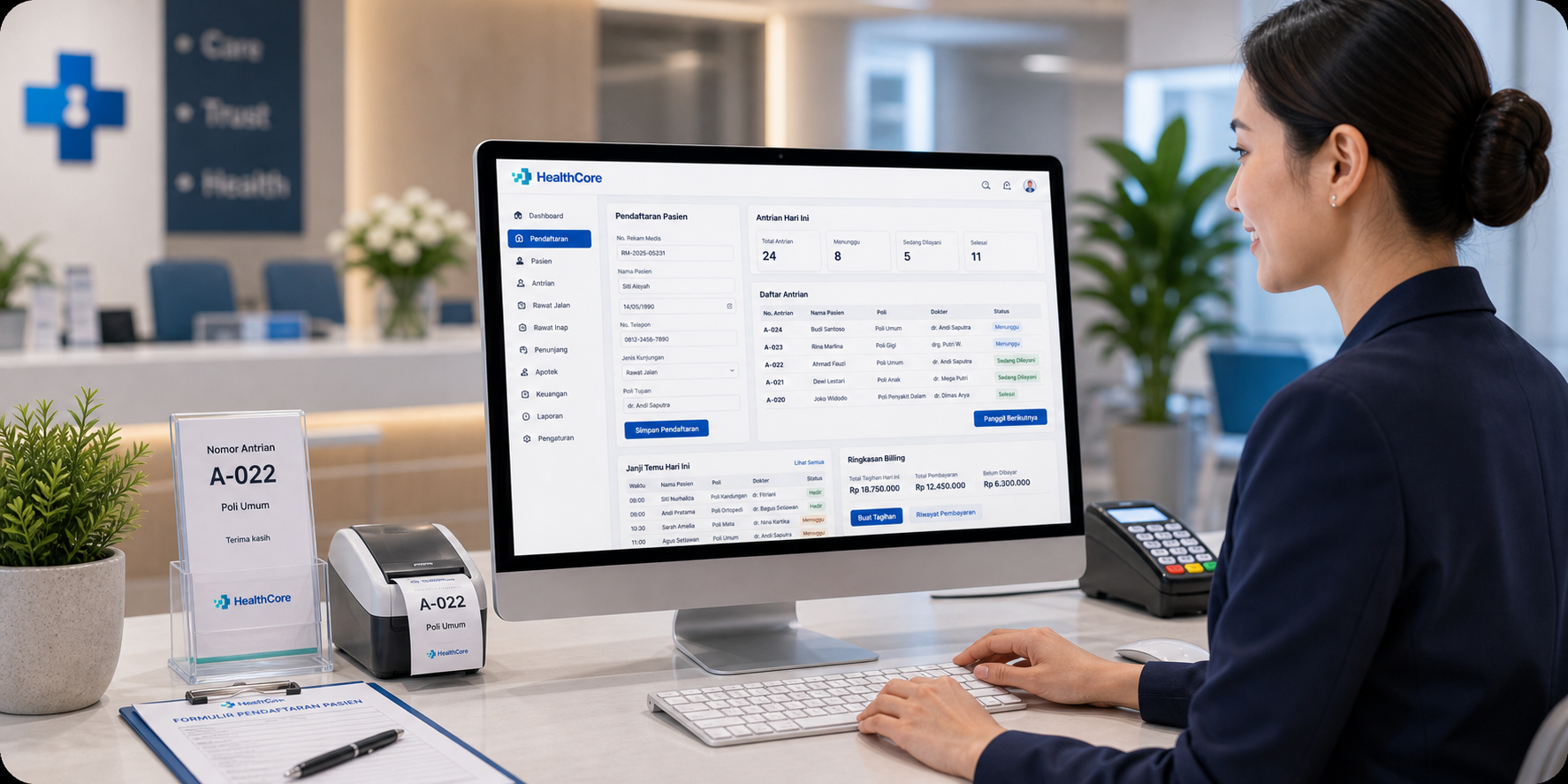 Visual workflow pendaftaran dan kasir HealthCore