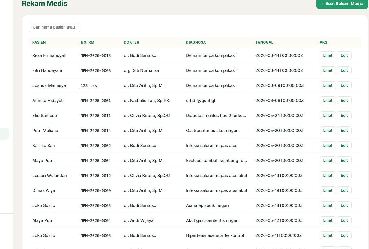 Screenshot rekam medis digital HealthCore tanpa sidebar kiri